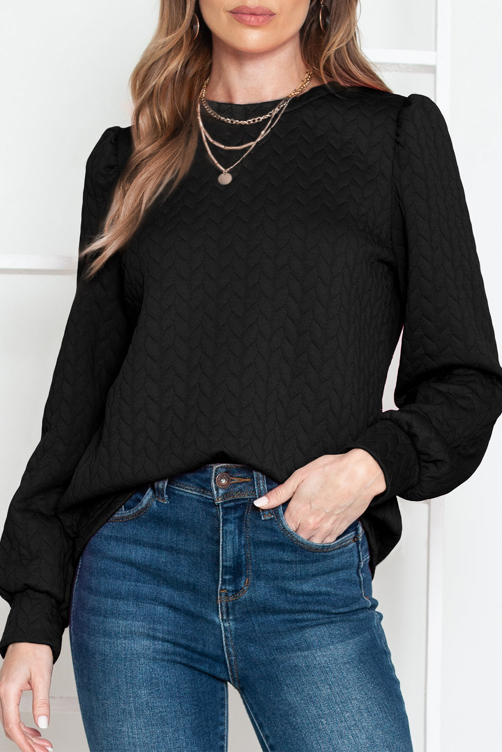 Black Waffle Quilted Puff Sleeve Sweatshirt