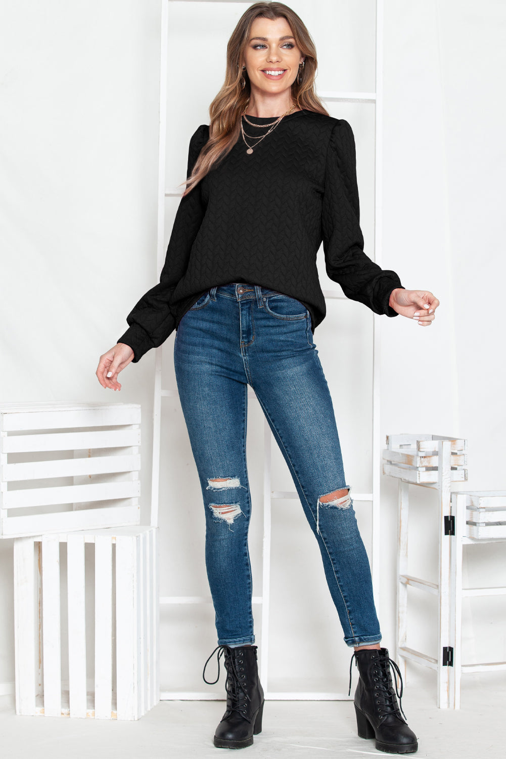 Black Waffle Quilted Puff Sleeve Sweatshirt