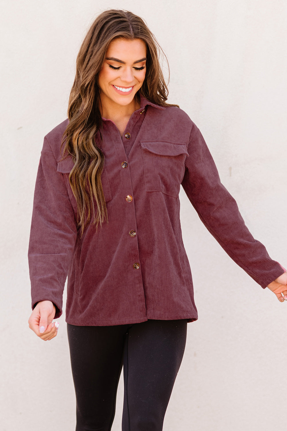 Plum Button Up Patch Pocket Corduroy Shacket