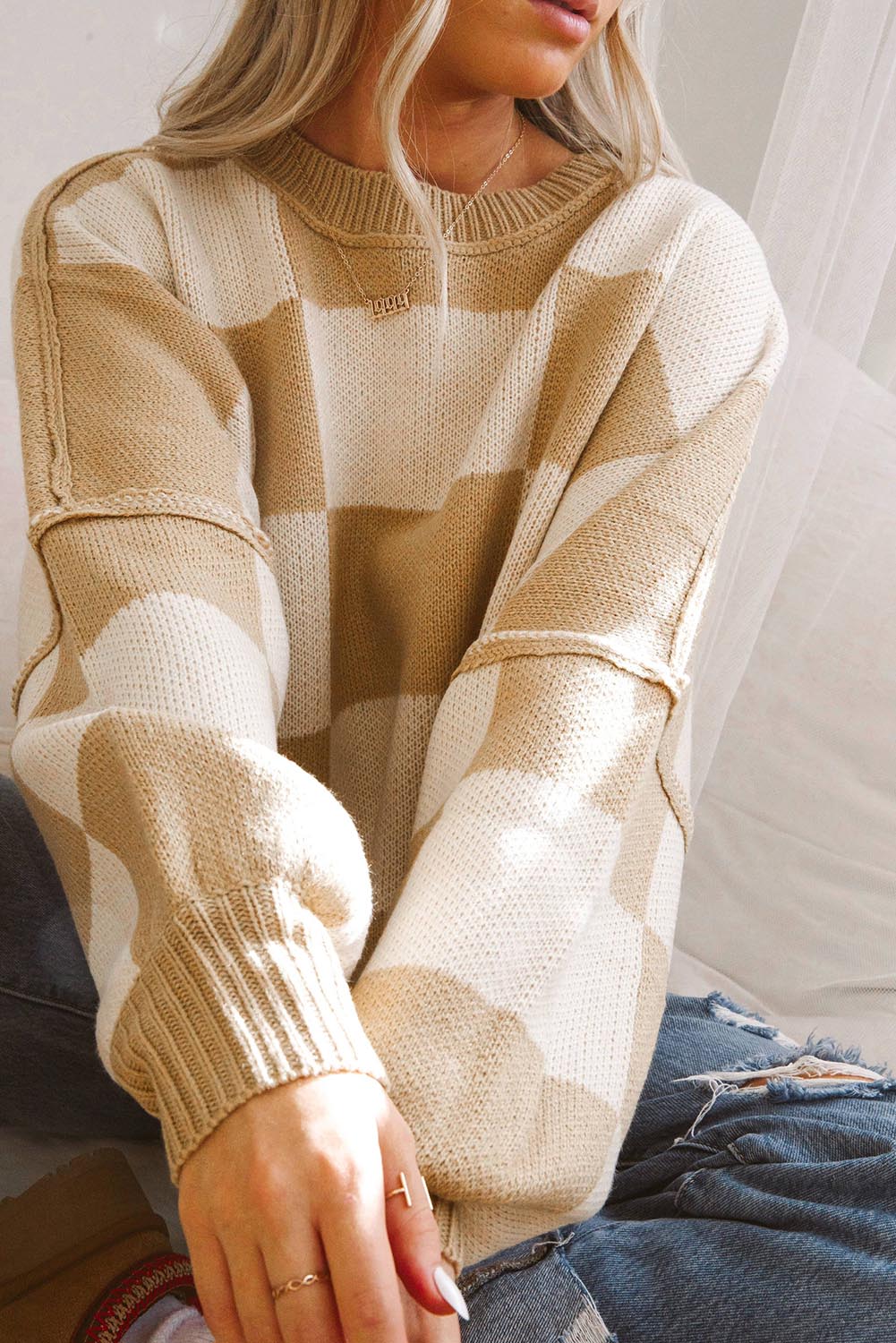 Khaki Plaid Bishop Sleeve Pullover Sweater