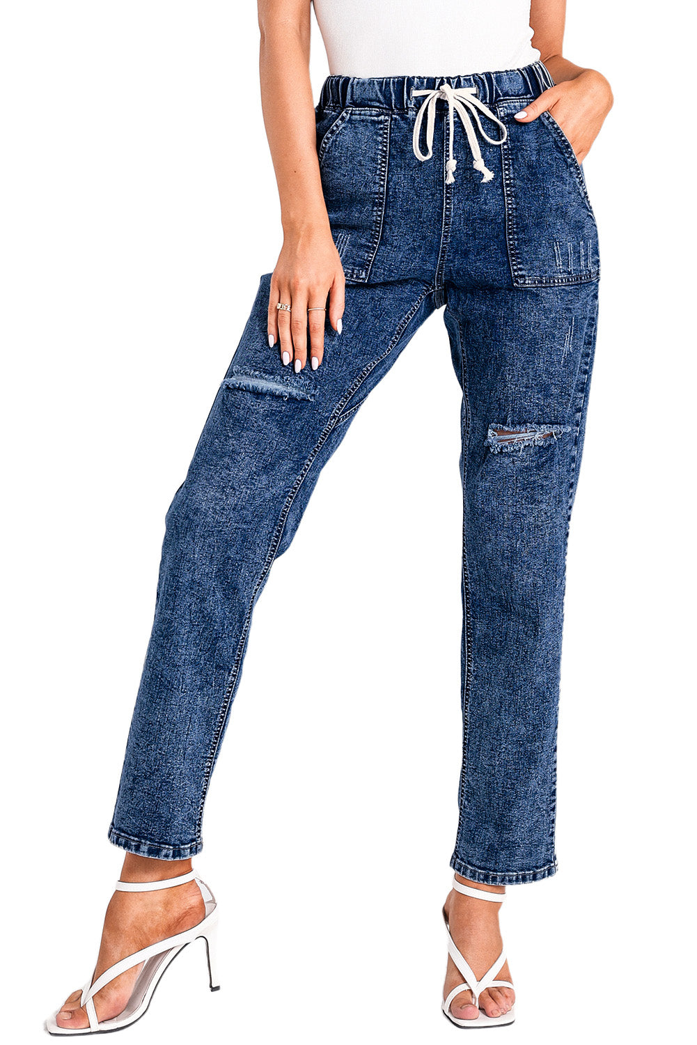 Dark Blue Casual Gather Round Distressed Pocketed Jeans