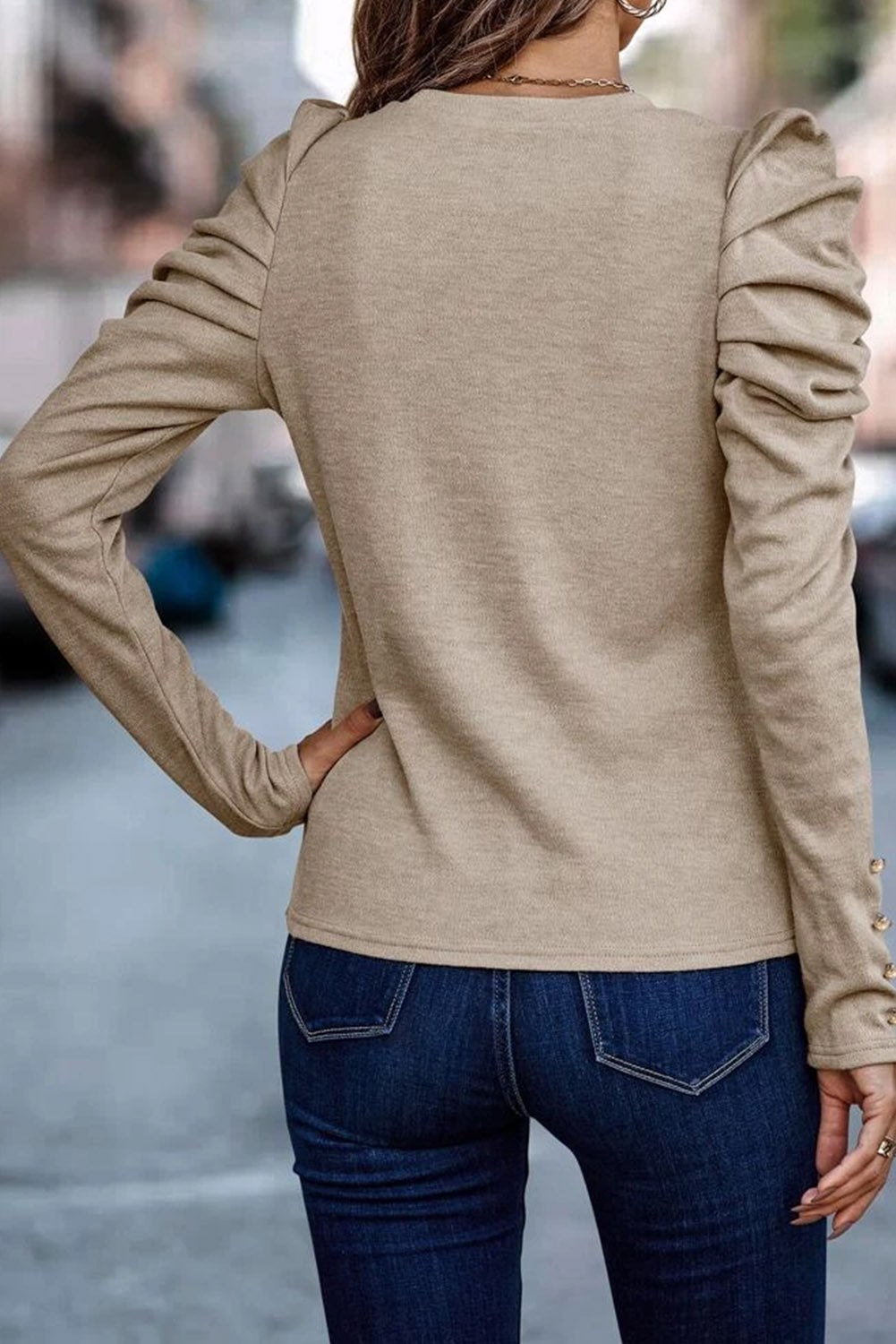 Khaki Basic Buttoned Puff Long Sleeve Sheath Top