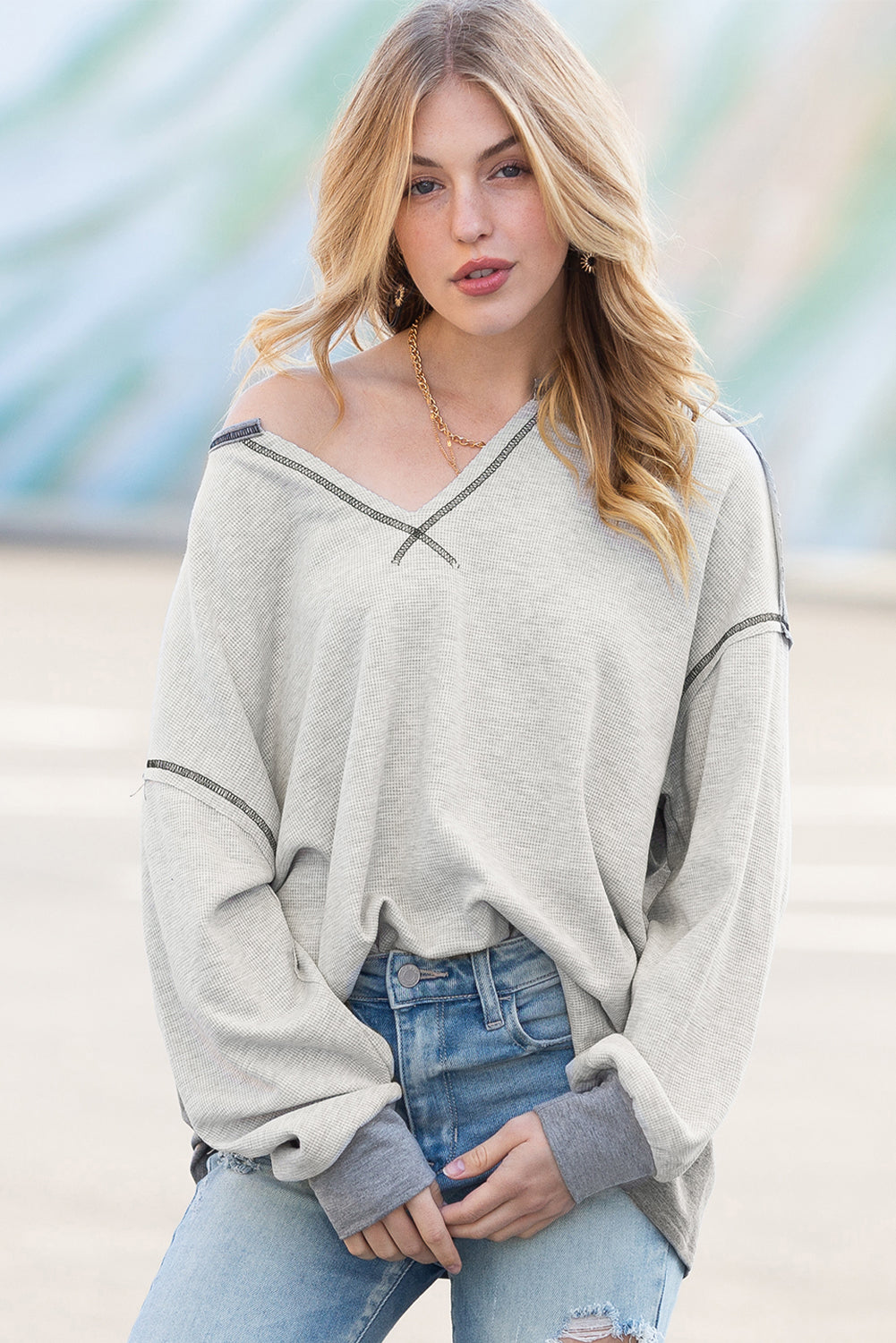 Gray Patchwork Ribbed Drop Shoulder Long Sleeve Top