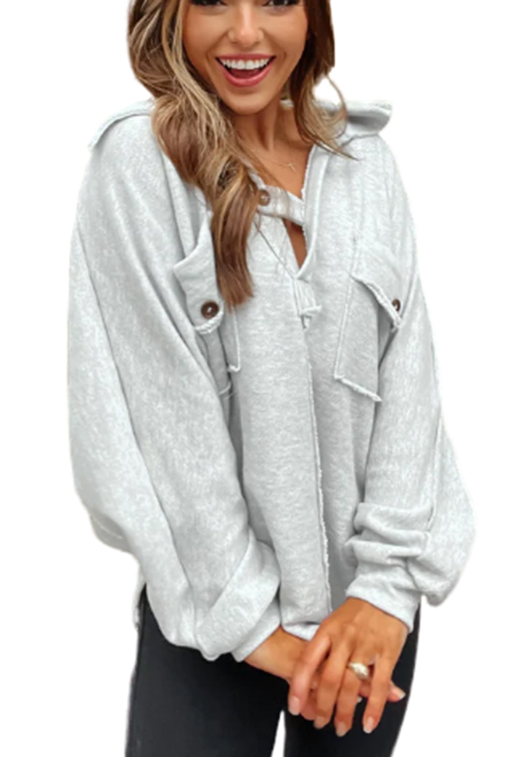 Gray Exposed Seam Patchwork Pockets Oversized Sweatshirt