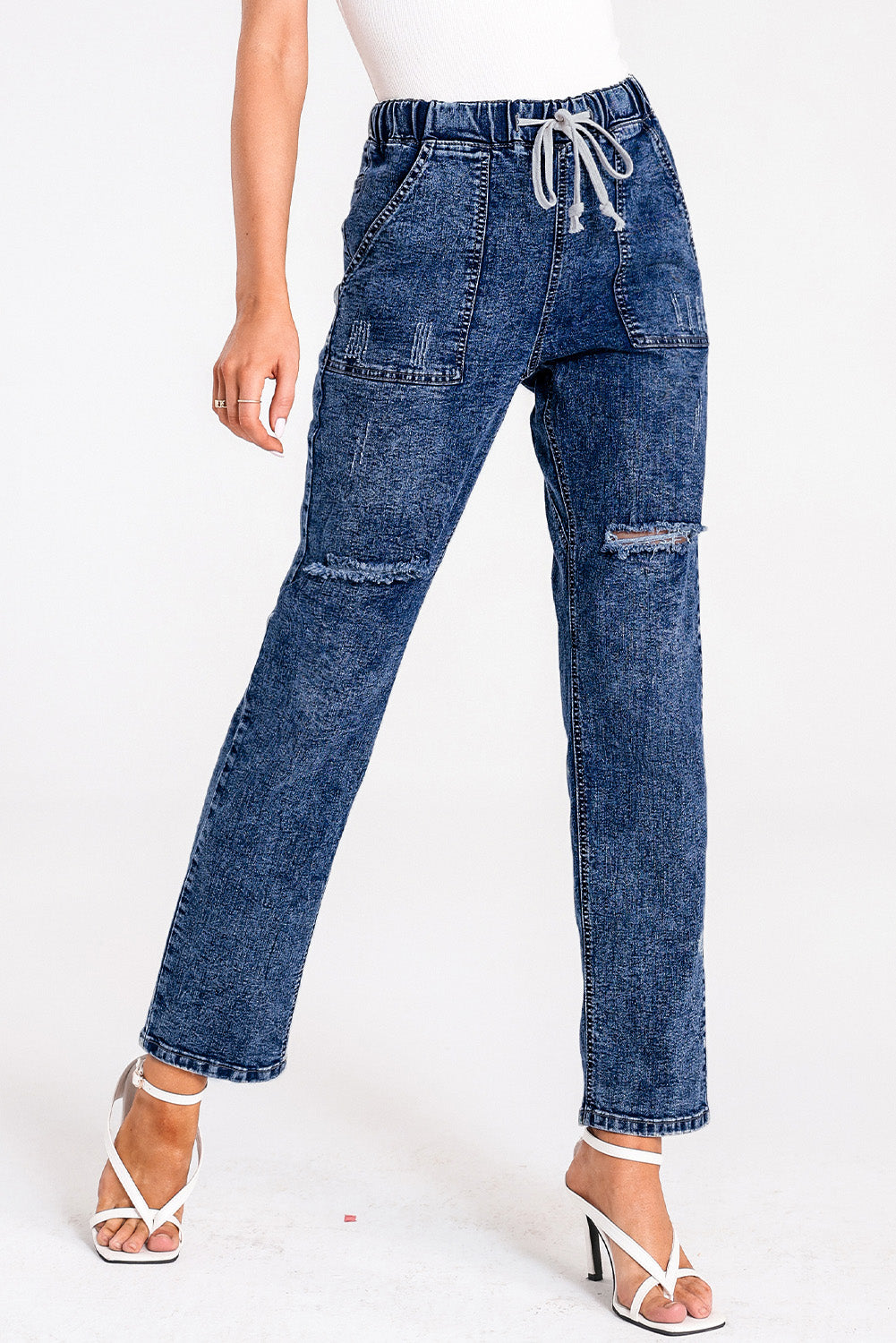 Dark Blue Casual Gather Round Distressed Pocketed Jeans