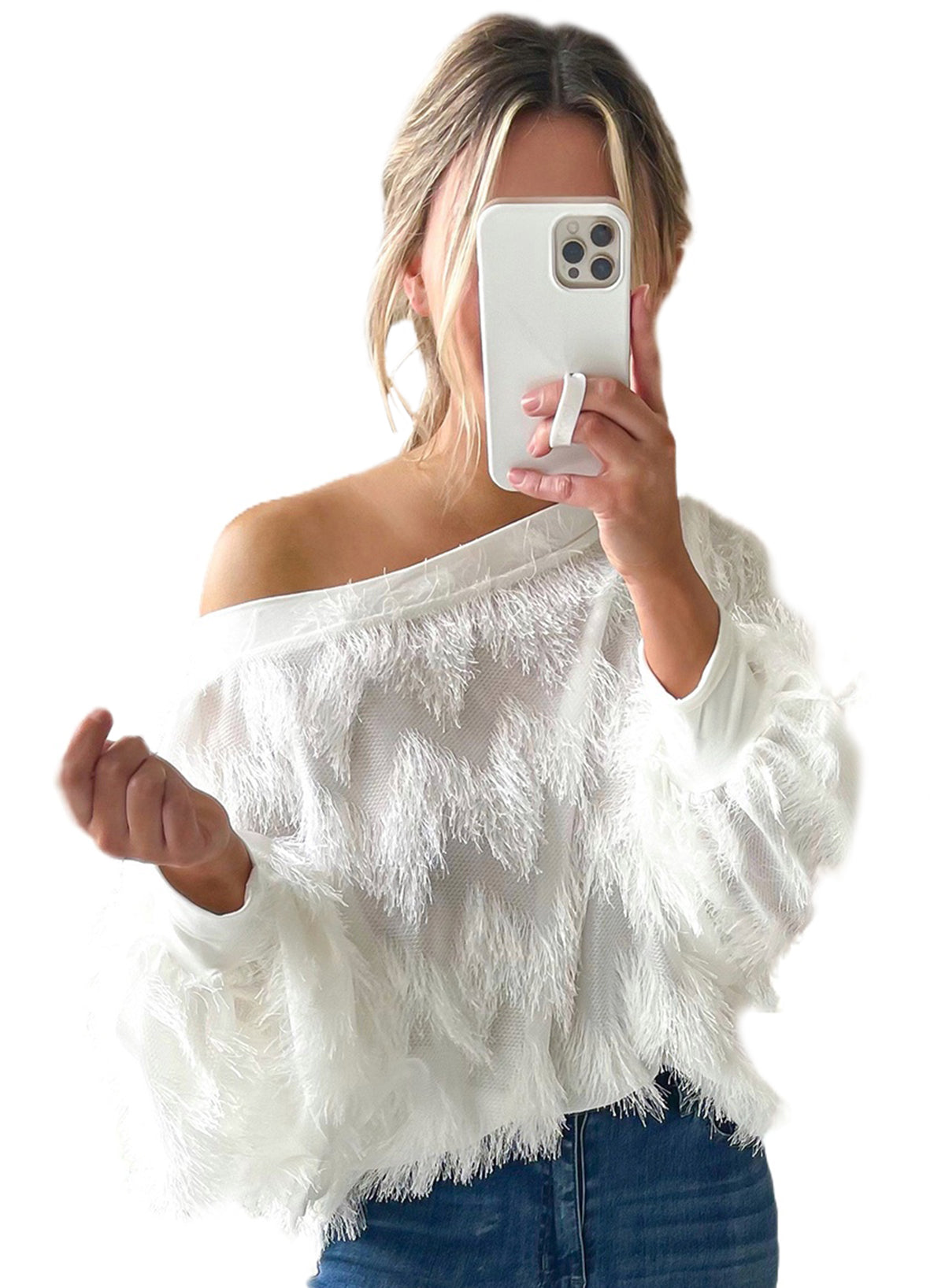 White Zigzag Fringed Boat Neck Blouse