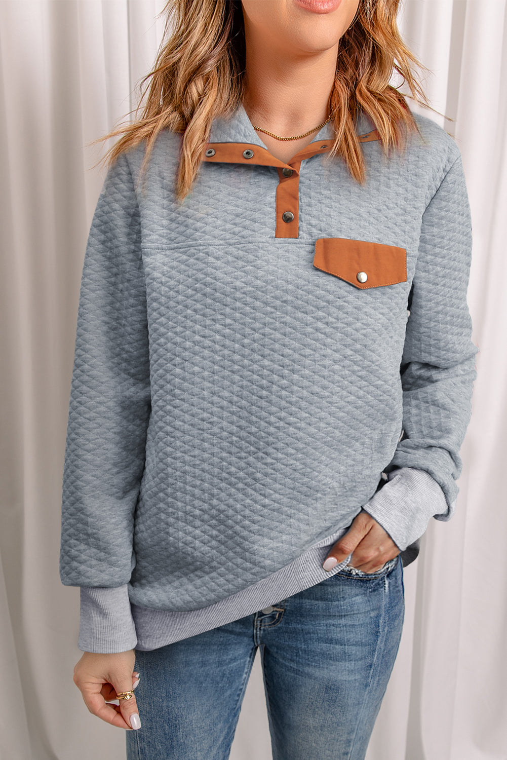 Grey Stand Collar Brown Quilted Snap Button Sweatshirt