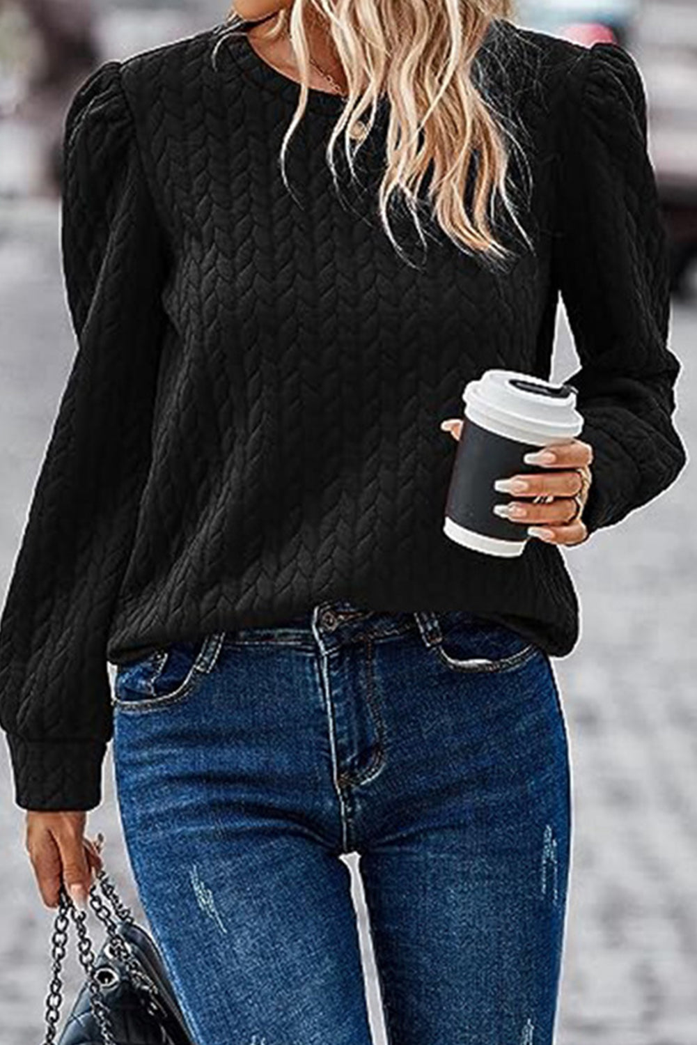 Black Waffle Quilted Puff Sleeve Sweatshirt