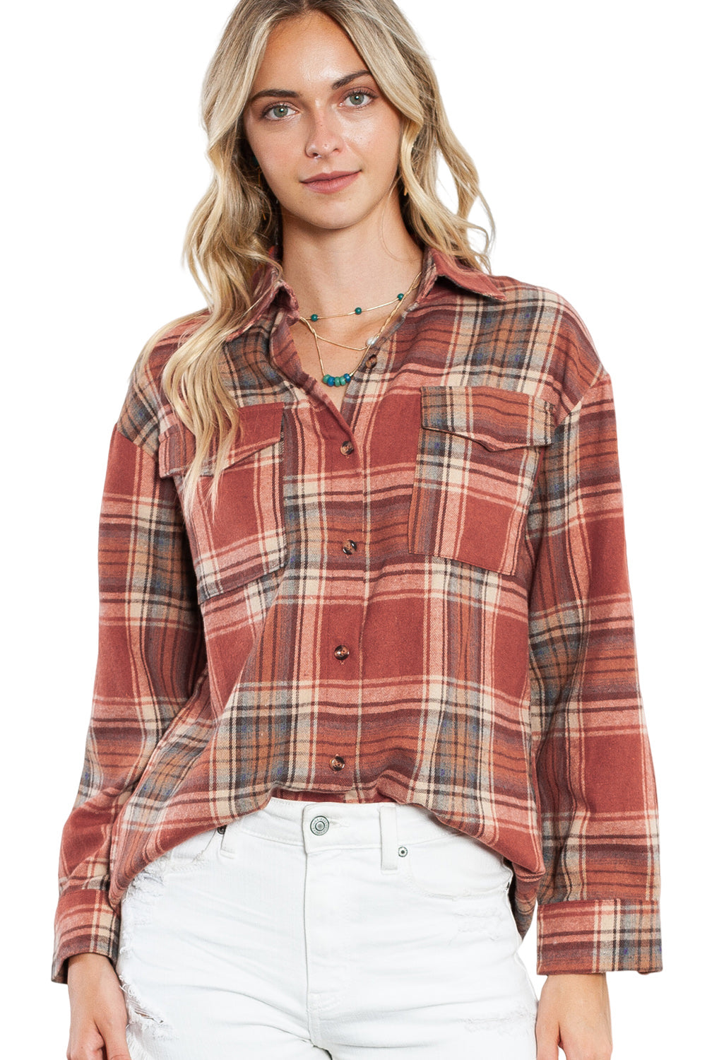 Multicolor Plaid Colorblock Button Up Shacket