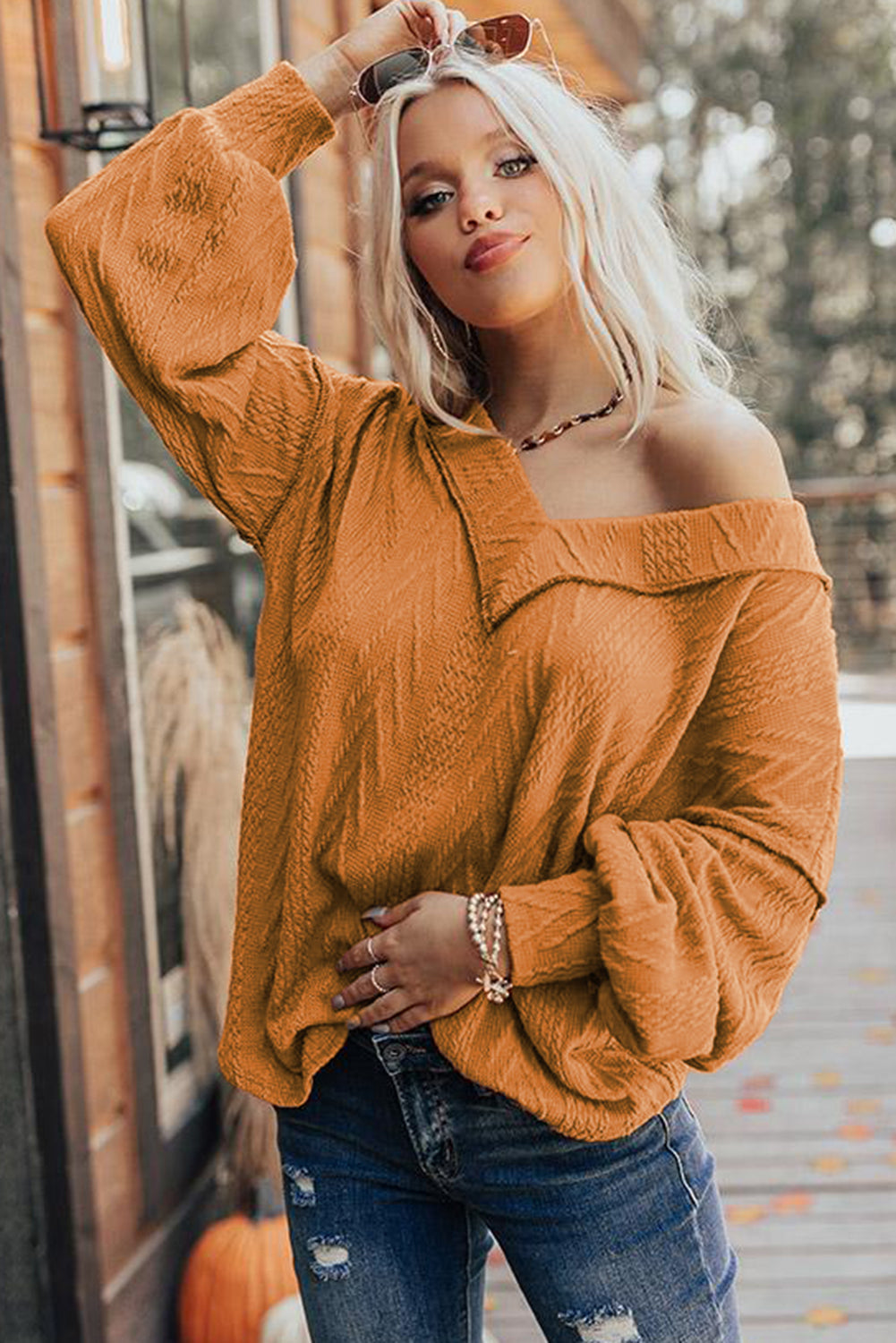 Orange Textured Casual V Neck Bishop Sleeve Top