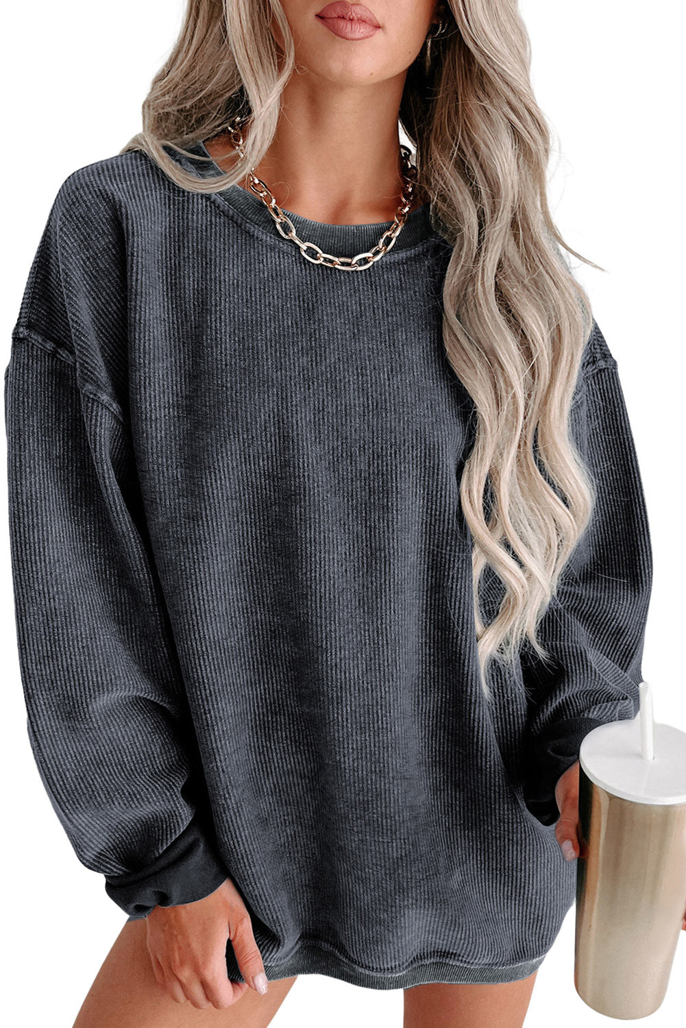 Plain Gray Solid Ribbed Knit Round Neck Pullover Sweatshirt