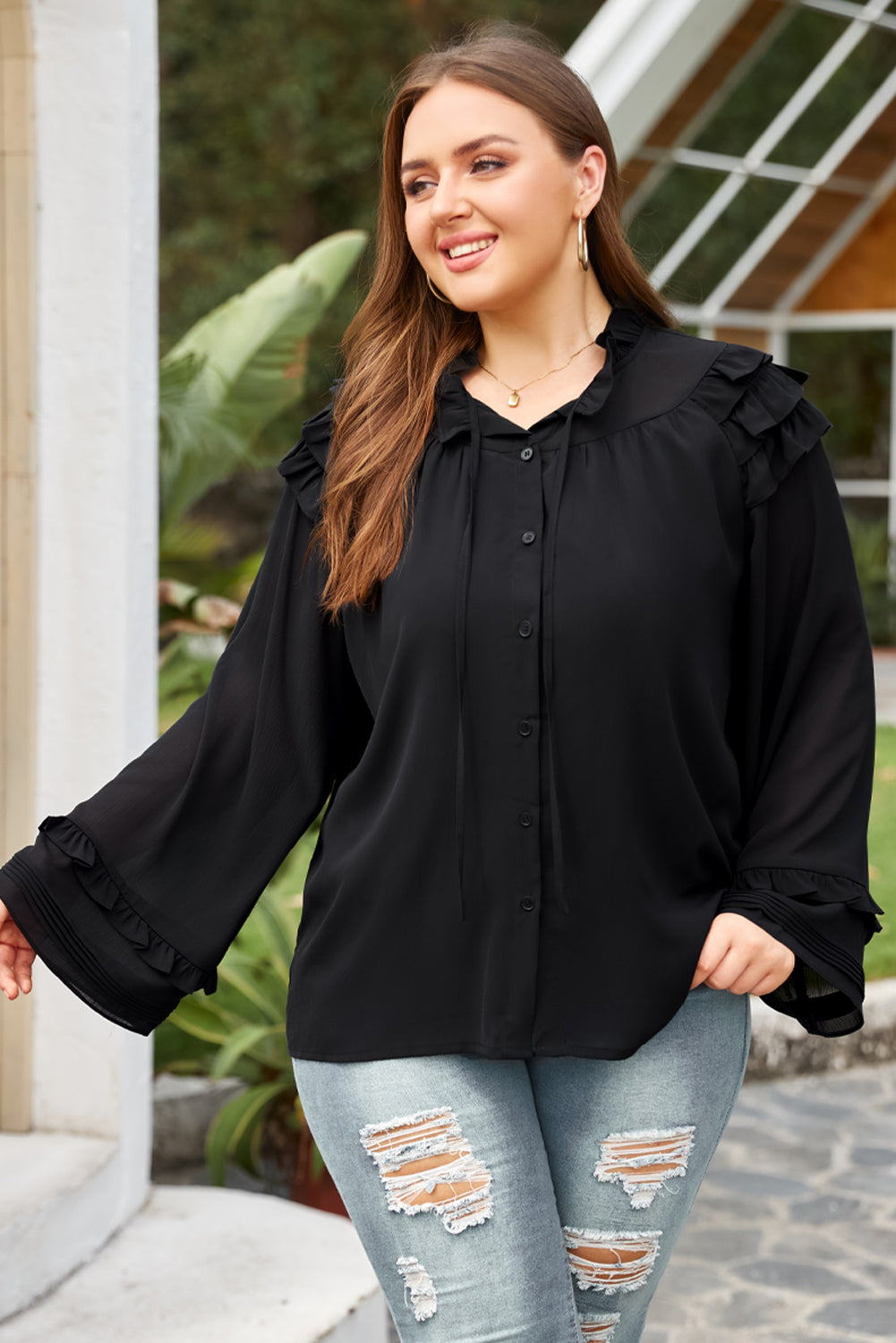 Black Tiered Ruffled Shoulder Buttoned Plus Size Blouse