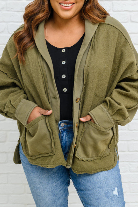 Green Plus Size Exposed Seam Terry Patchwork Hooded Jacket