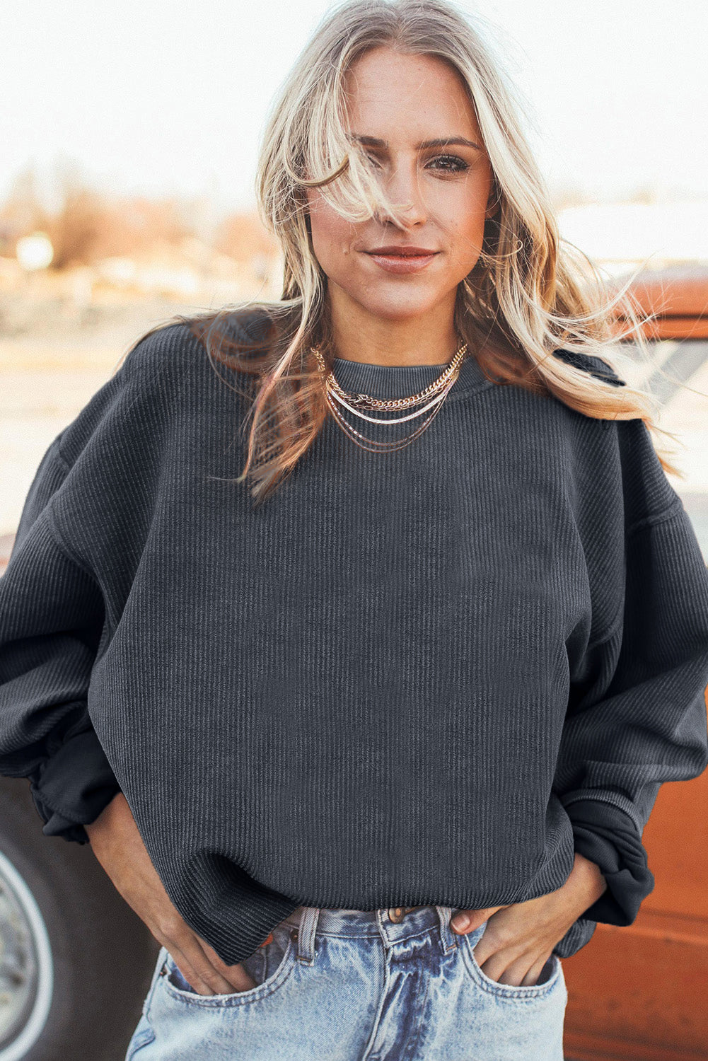 Light Grey Drop Shoulder Ribbed Oversized Sweatshirt