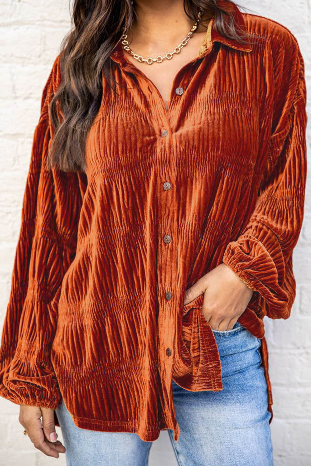 Brown Solid Color Textured Velvet Button Up Shirt