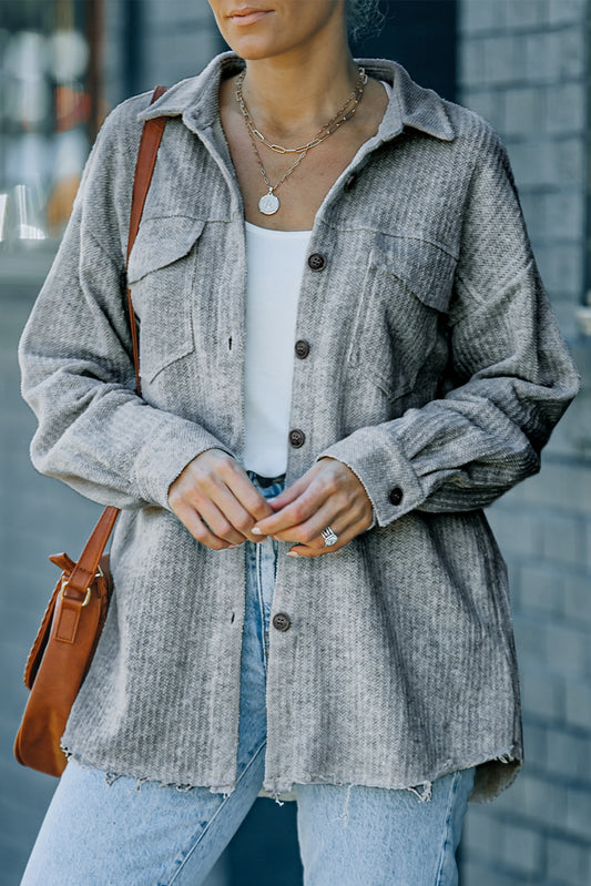 Grey Textured Button Down Pocket Shirt Shacket