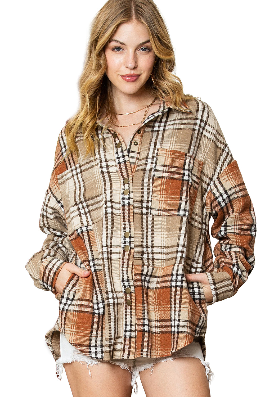 Khaki Plaid Chest Pocket Oversized Rounded Hem Shacket