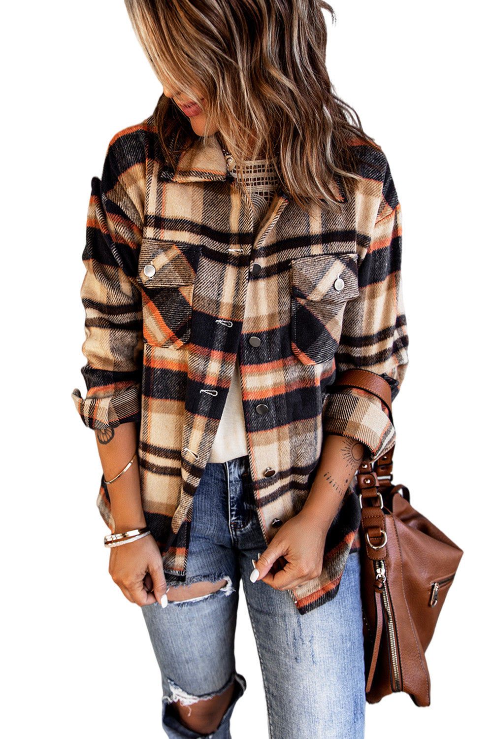 Khaki Plaid Print Casual Button Up Pocket Shacket