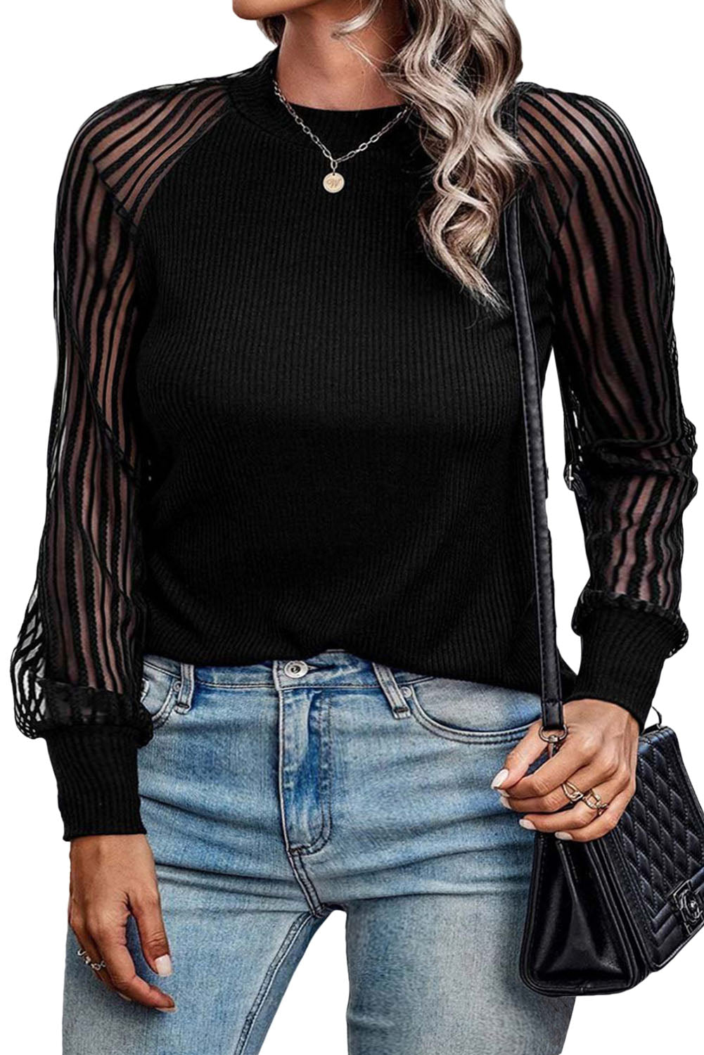 Black Ribbed Knit Sheer Striped Sleeve Plus Size Top