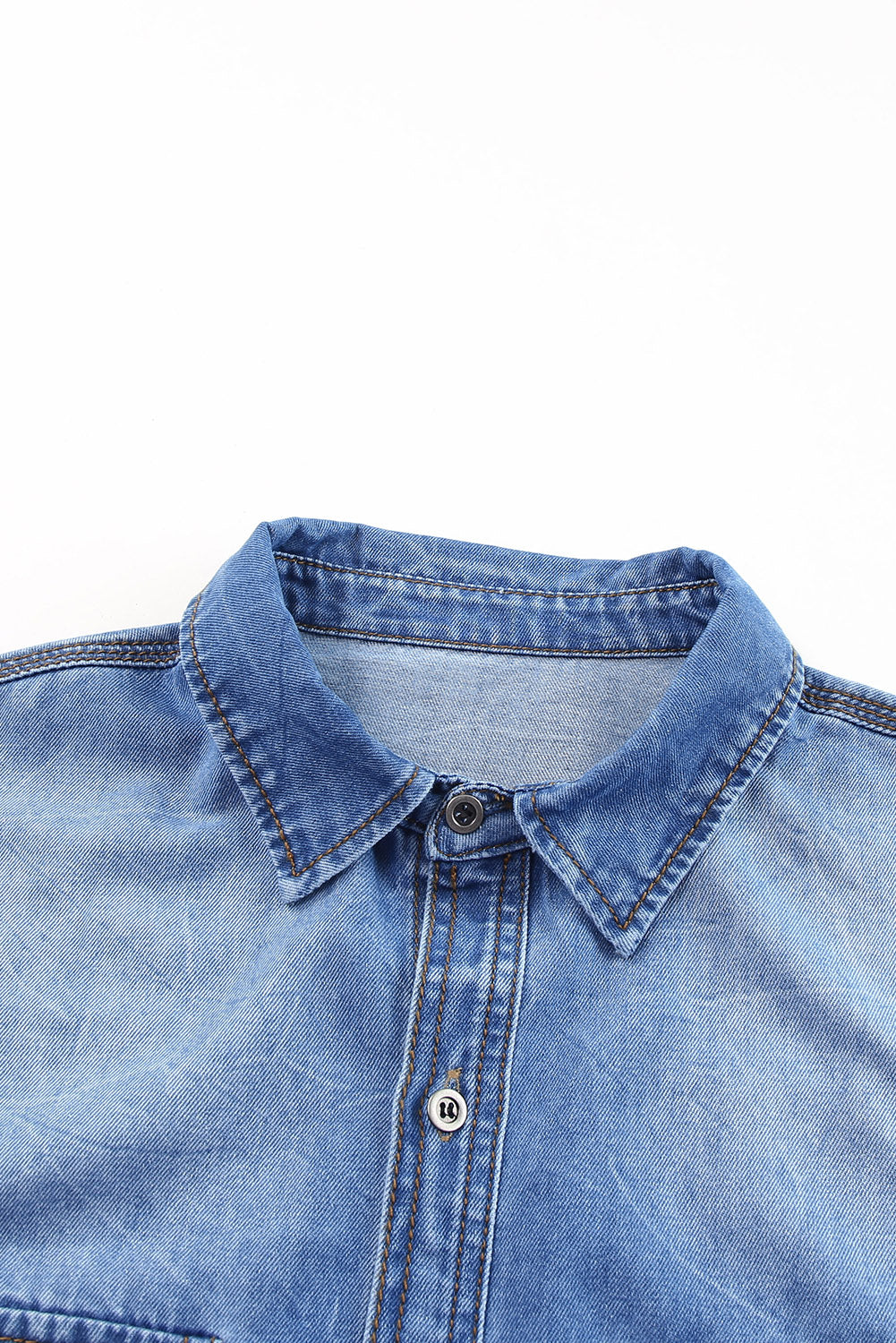 Sky Blue Flap Pockets Raw Hem Denim Shacket