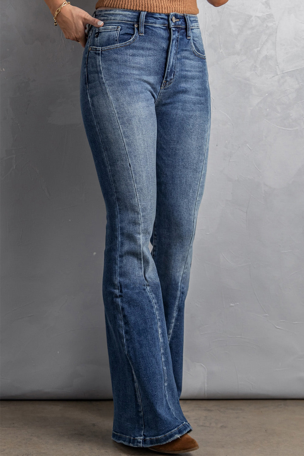 Blue Casual Pockets Chic High Waist Flare Jeans