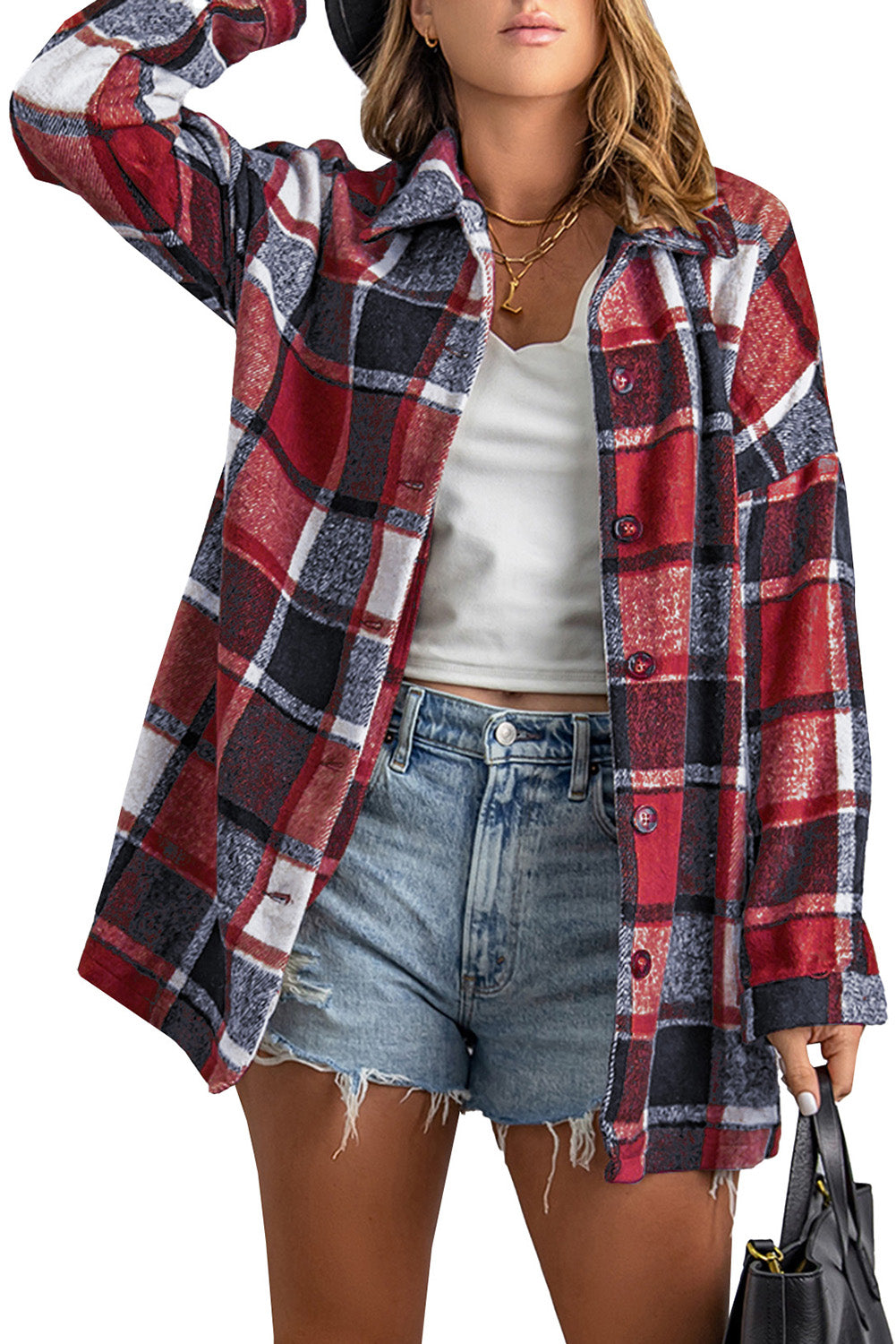 Red and Grey Button Up Flannel Plaid Shacket