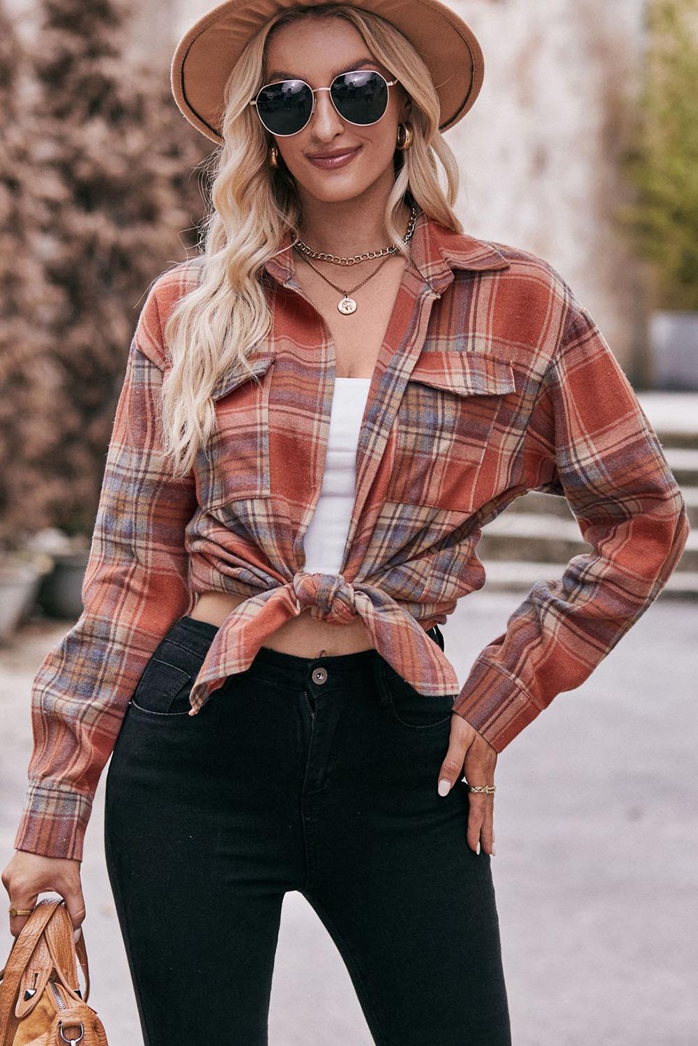 Multicolor Plaid Colorblock Button Up Shacket