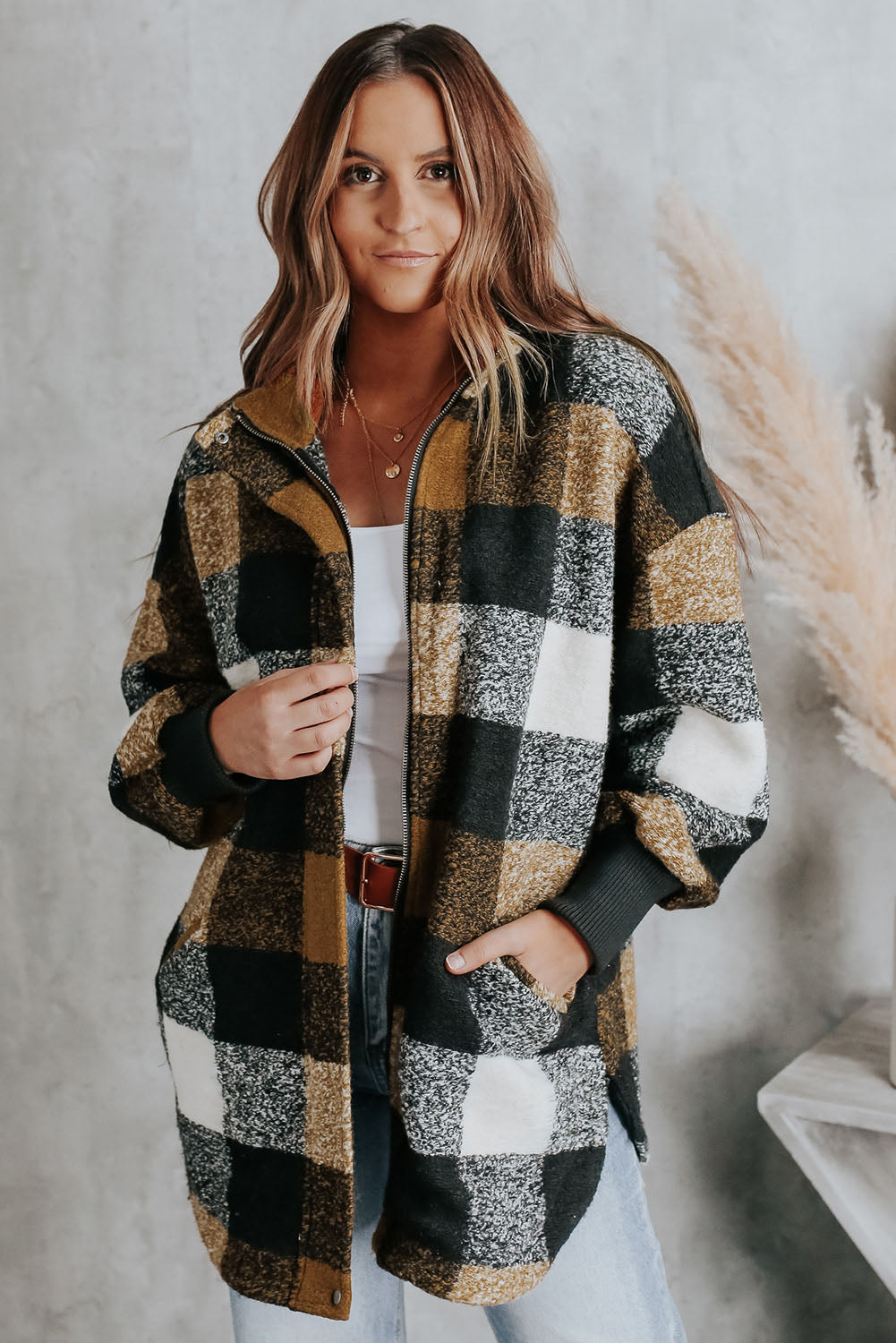 Black Plaid Colorblock Casual Pockets Zipper Coat