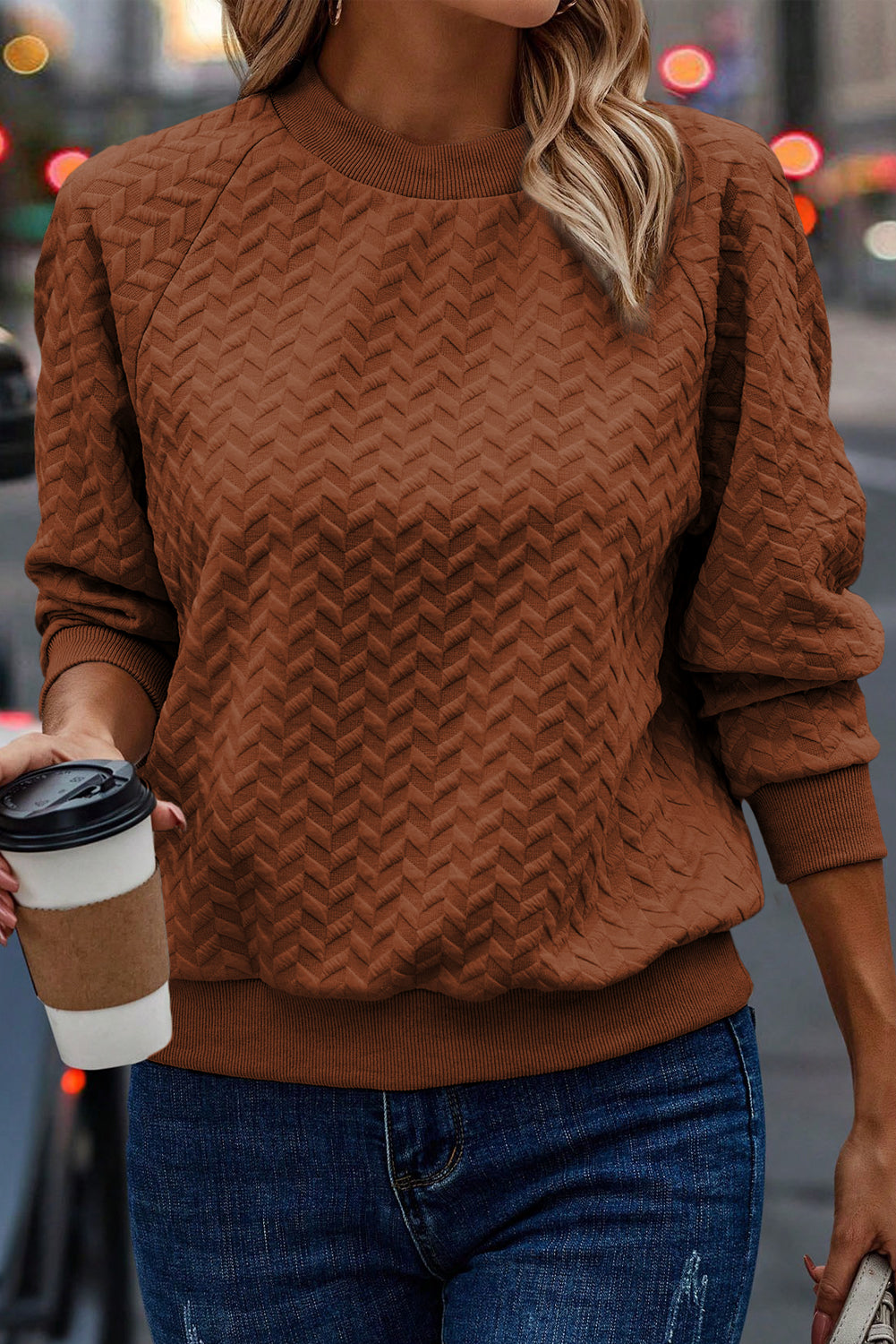 Chestnut Solid Color Textured Raglan Sleeve Pullover Sweatshirt