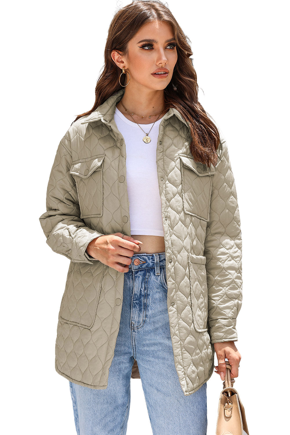 Beige Big Pockets Quilted Button Down Puffer Coat