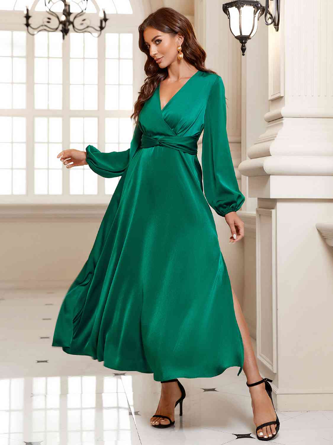 Surplice Long Sleeve Slit Midi Dress