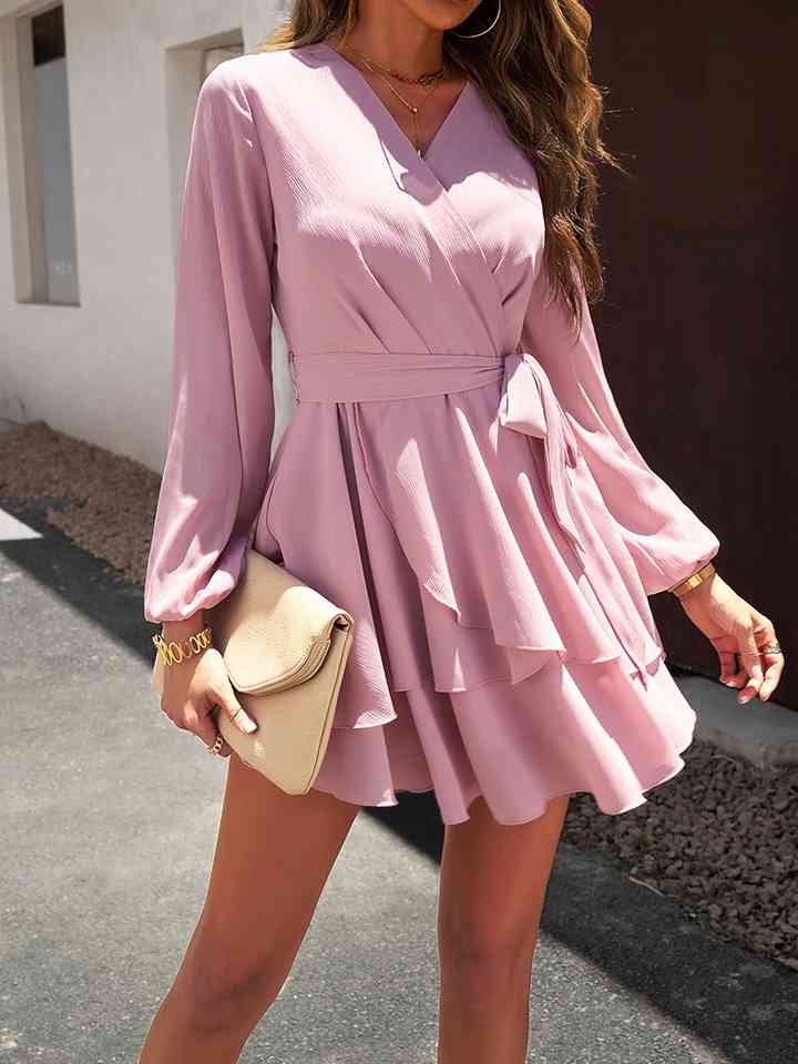 Surplice Neck Tie Waist Long Sleeve Dress