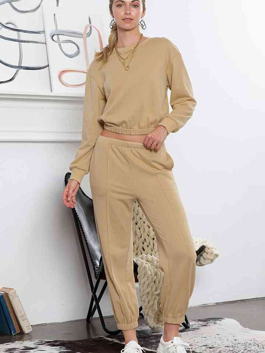 Round Neck Long Sleeve Cropped Top and Pants Set