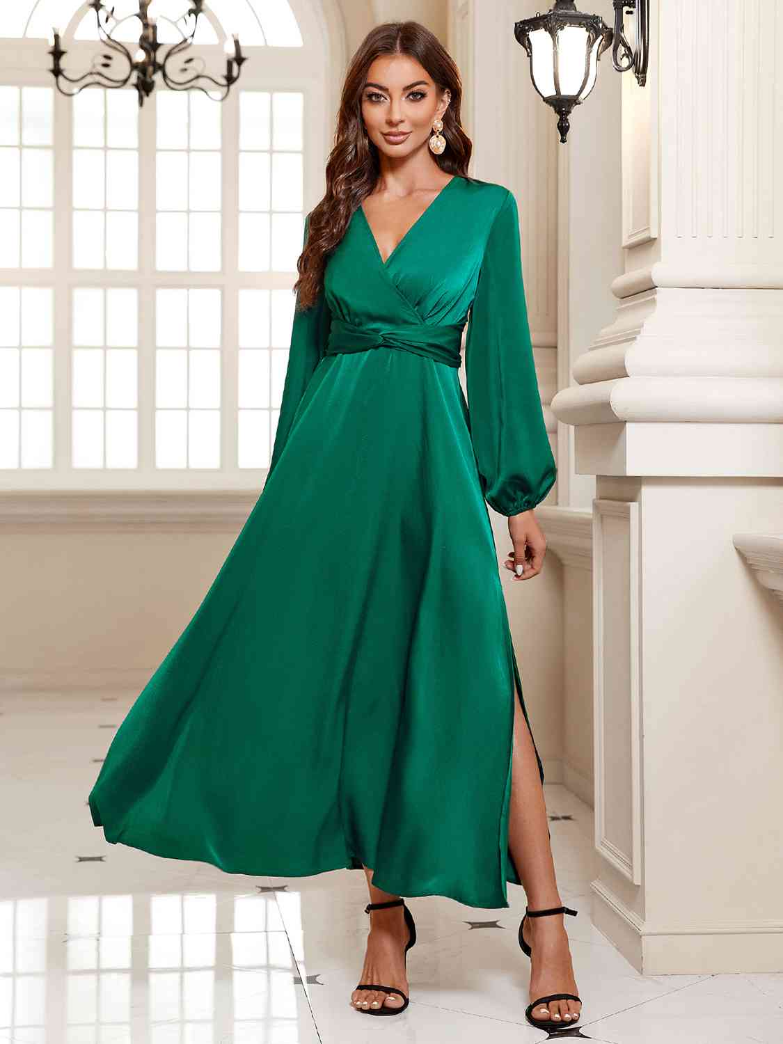 Surplice Long Sleeve Slit Midi Dress