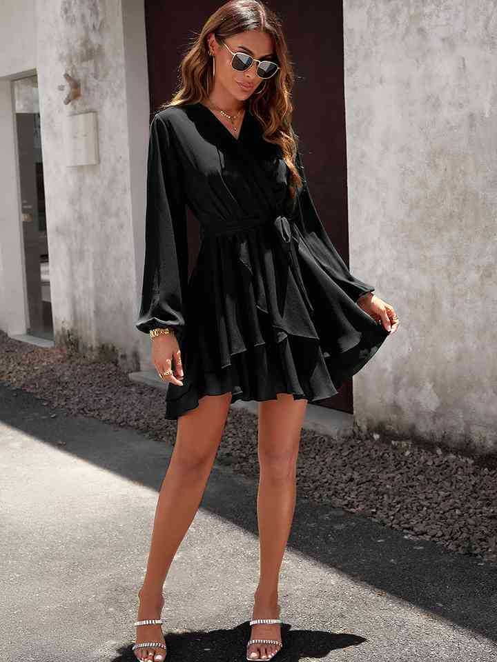 Surplice Neck Tie Waist Long Sleeve Dress