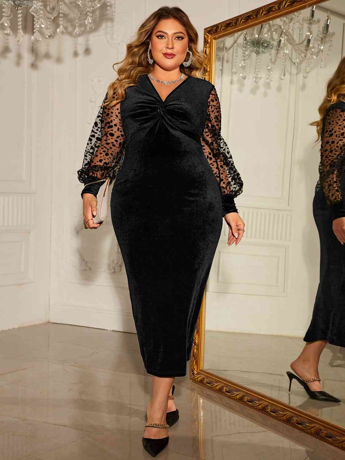 Plus Size Twist Front Lantern Sleeve Slit Dress